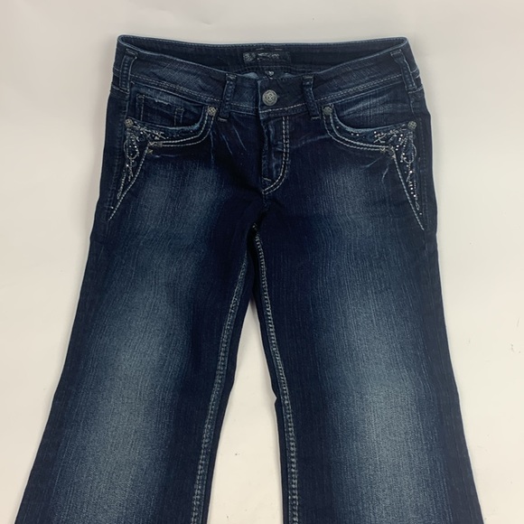 Silver Jeans Suki 17” Straight leg Size 29 Dark wash denim Pocket Bling Stretch - Picture 12 of 16